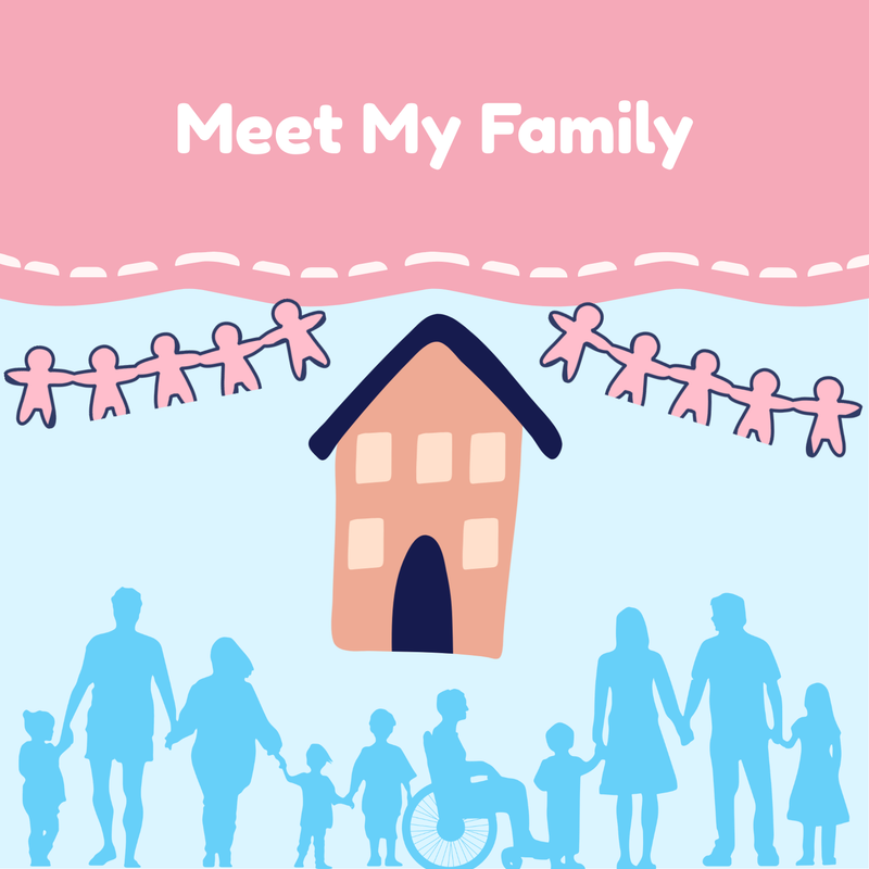 Illustration of a family with a house and people holding hands on a pink and blue background with 'Meet My Family' text at the top.