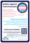 Flyer for 'Guiders Against Trans Exclusion' with logo explaining who we are, what we are doing and includes links and QR code to GATE's website and social media. 