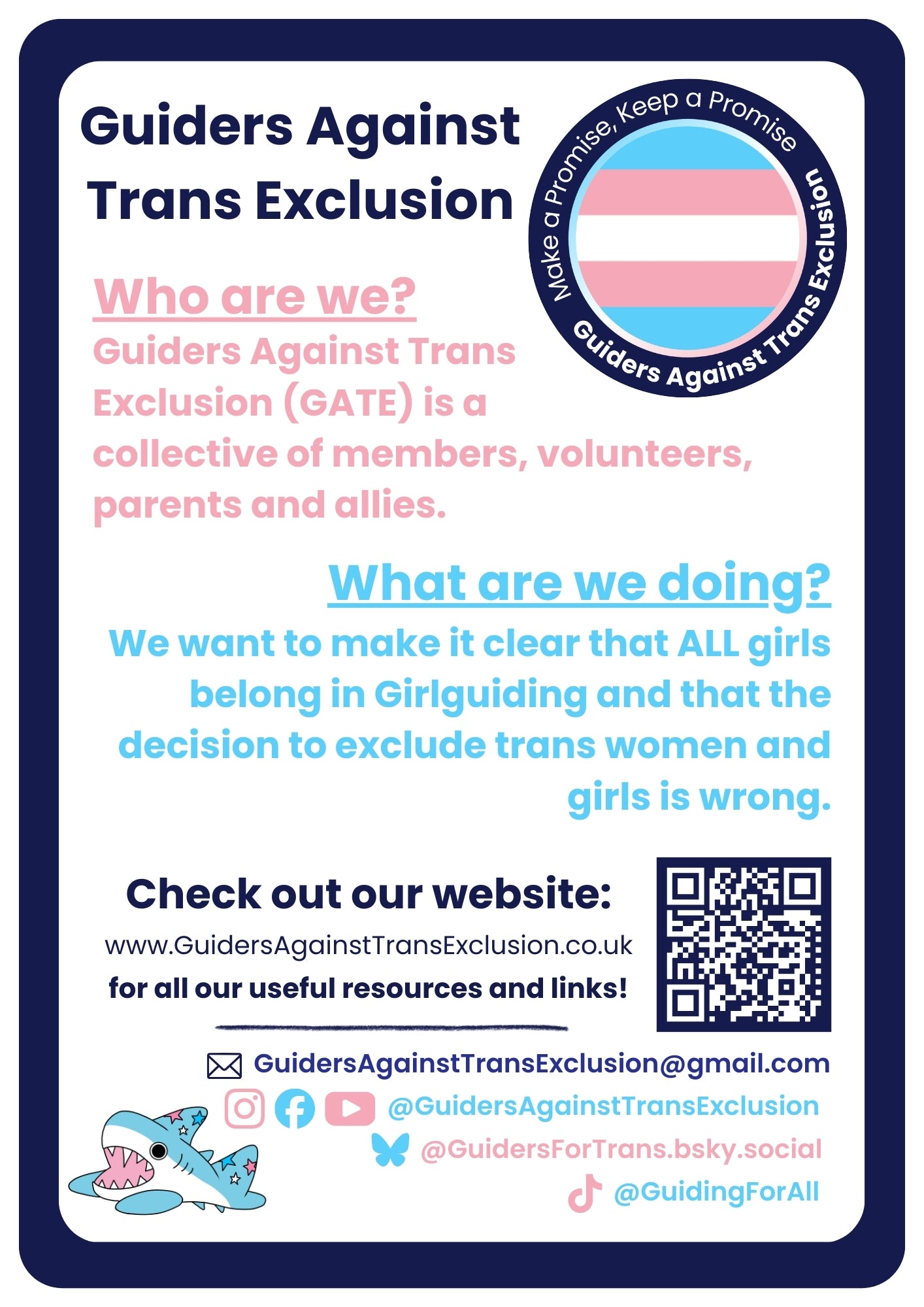 Flyer for 'Guiders Against Trans Exclusion' with logo explaining who we are, what we are doing and includes links and QR code to GATE's website and social media. 