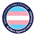 Circular logo with transgender flag and text 'Make a Promise, Keep a Promise Guiders Against Trans Exclusion' on a white background.