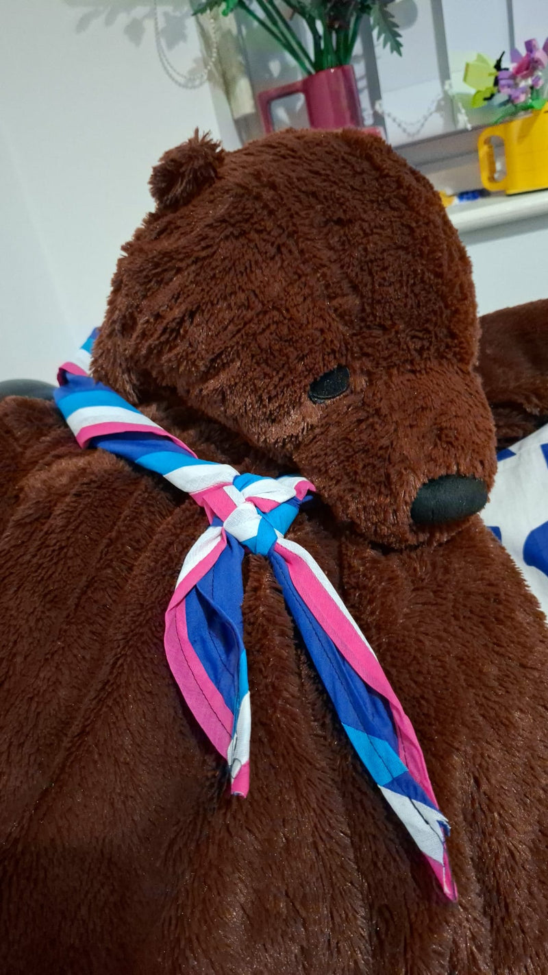 Brown teddy bear with a blue, pink, white and aqua necker around its neck, sitting indoors.