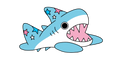 GATE mascot Reef, a blue shark with a white belly with stars on his fins in pink blue and white. They are facing the right with their mouth open.