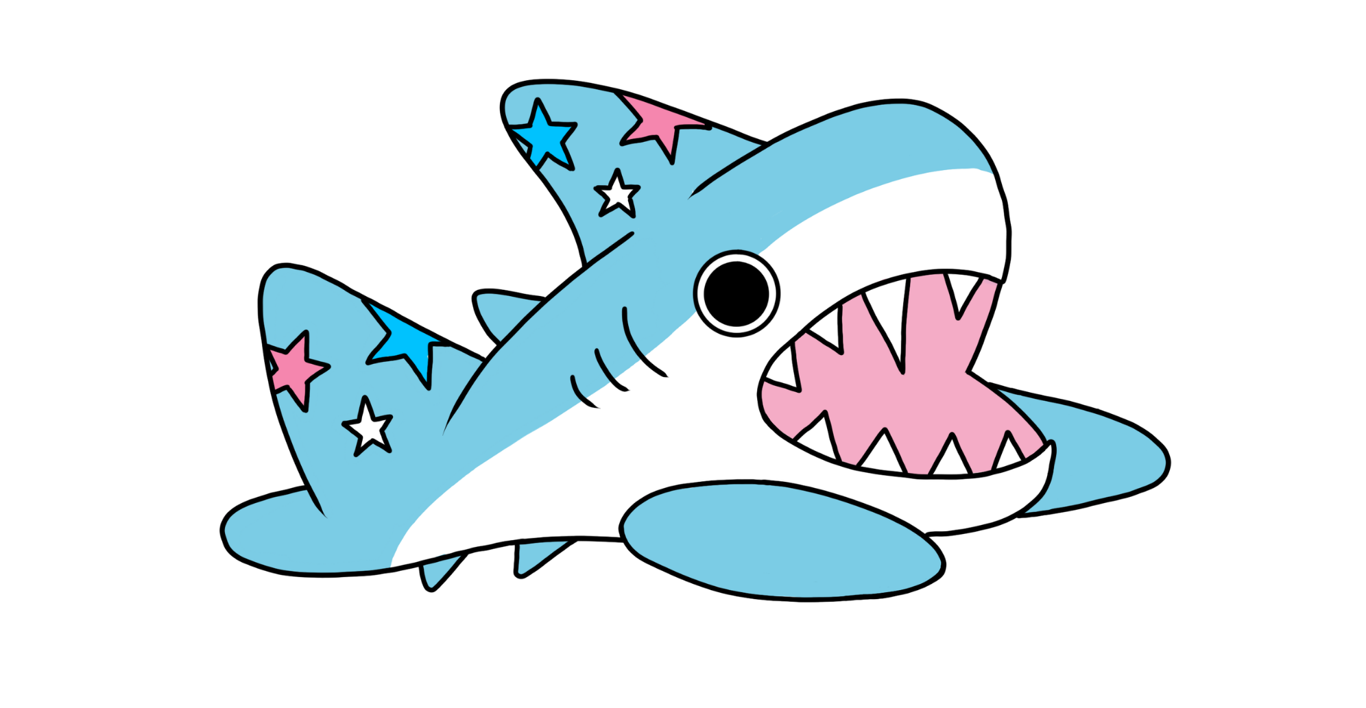 GATE mascot Reef, a blue shark with a white belly with stars on his fins in pink blue and white. They are facing the right with their mouth open.